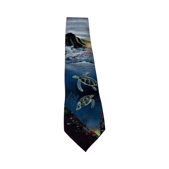 417 by Van Heusen Necktie, Sea Turtle Ocean Island Print Silk Blend Men's Tie - Picture 1 of 6